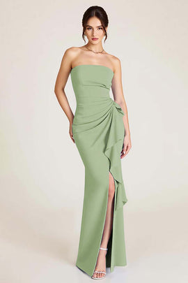 Dusty Sage Strapless Long Sheath Wedding Guest Dress with Slit