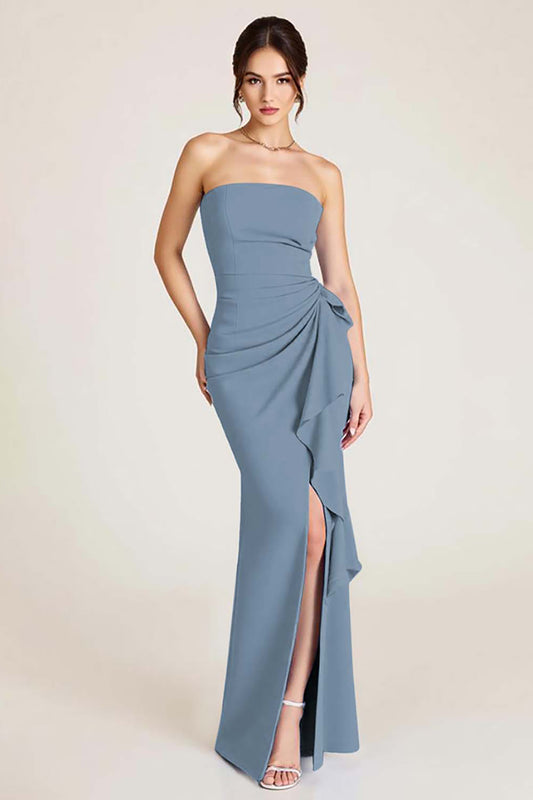 Dusty Sage Strapless Long Sheath Wedding Guest Dress with Slit