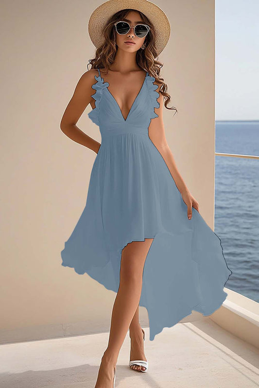 Lilac Chiffon Boho A Line High Low Graduation Dress with Ruffles