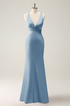Dusty Blue Bridesmaid Dress Mermaid Halter Satin Long Wedding Party Guest Dress