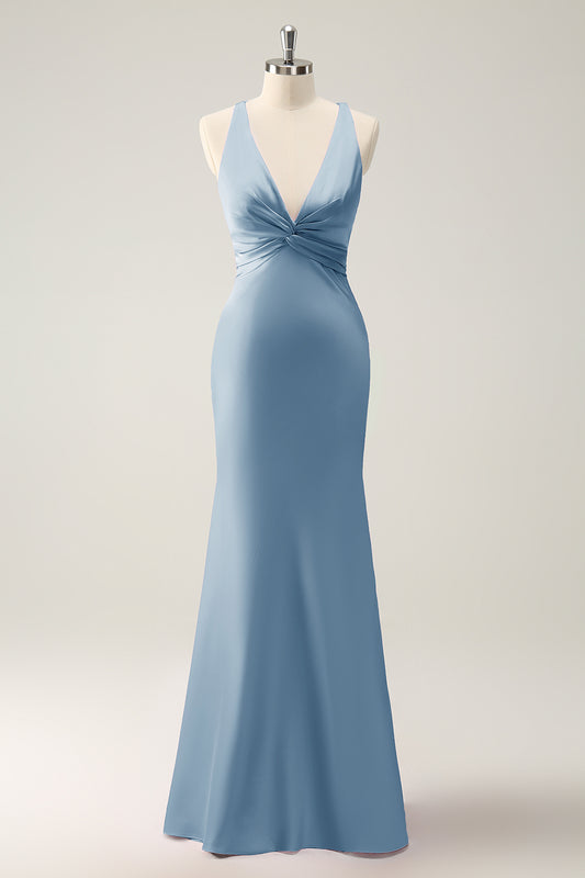 Dusty Blue Bridesmaid Dress Mermaid Halter Satin Long Wedding Party Guest Dress