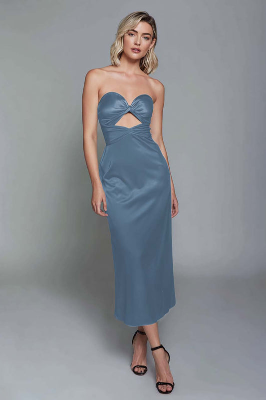 Dusty Blue Sweetheart Sheath Cut Out Satin Ankle Length Formal Dress