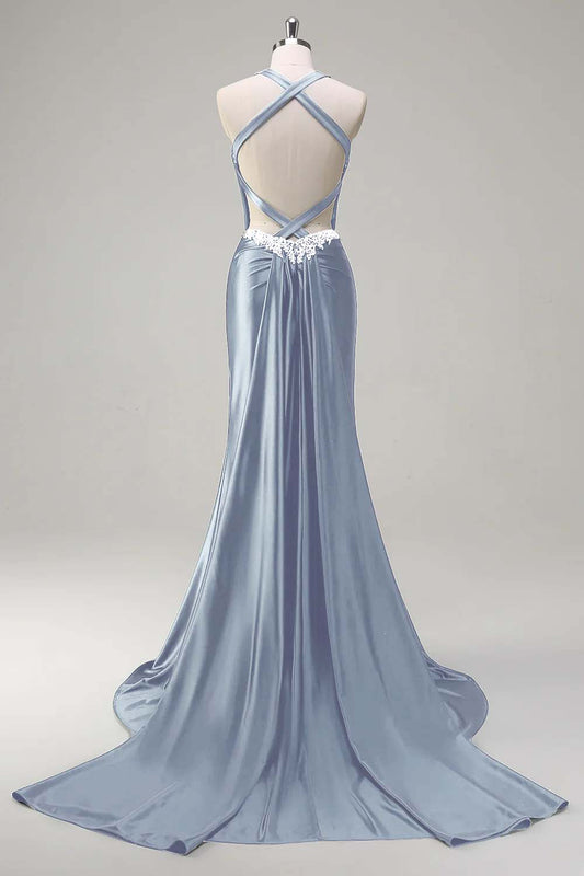 Dusty Blue Sweetheart Mermaid Corset Satin Long Prom Dress