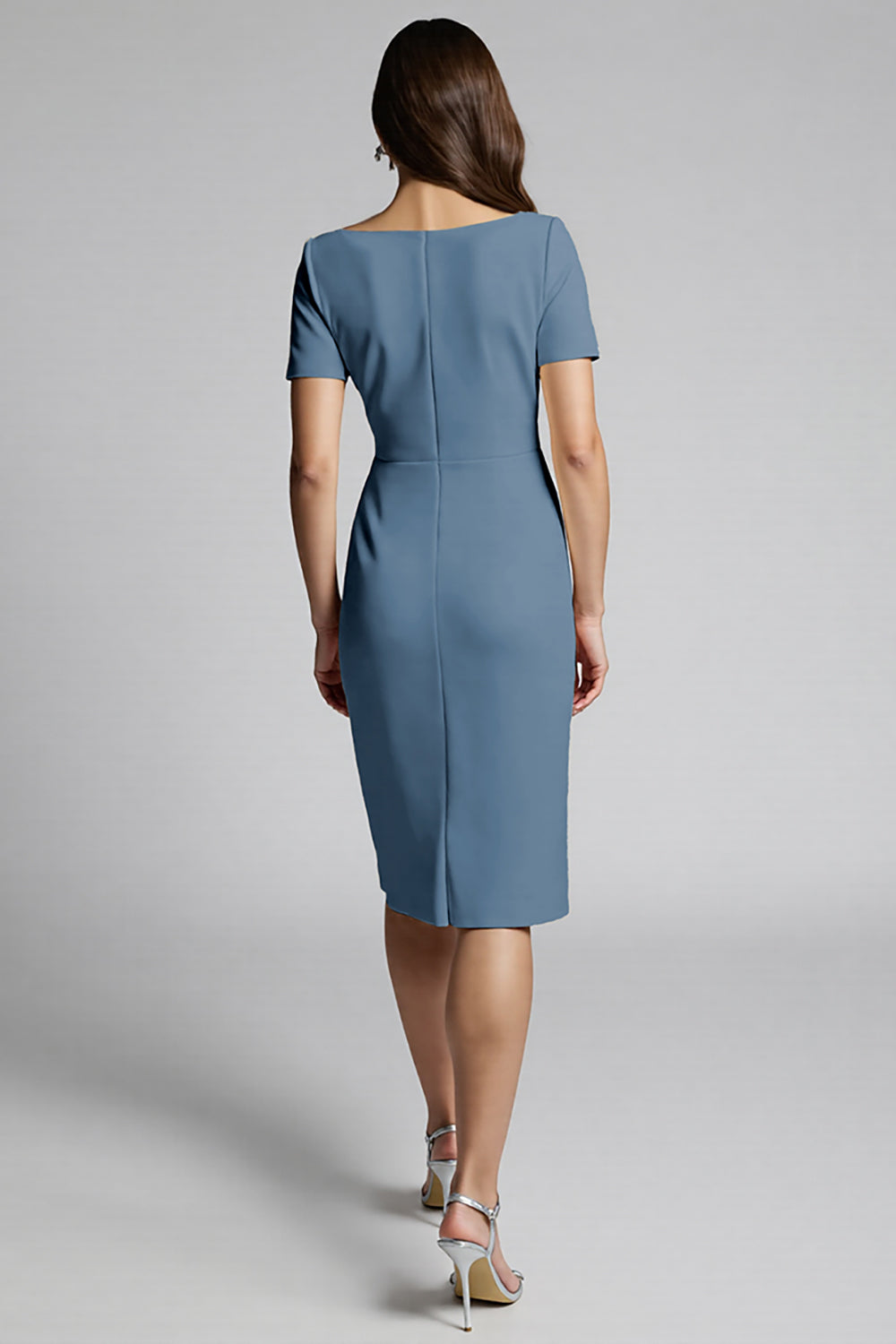 Dusty Blue Bodycon Square Neck Midi Satin Work Dress with Slit Dusty Blue Bodycon Square Neck Midi Satin Work Dress with Slit