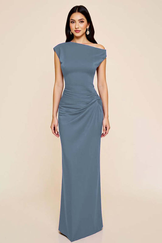 Dusty Blue Sheath Satin Asymmetrical Long Ruched Formal Dress