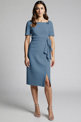 Dusty Blue Bodycon Square Neck Midi Satin Work Dress with Slit