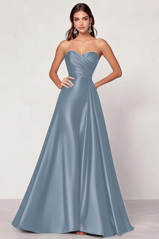 Dusty Blue Satin A Line Sweetheart Long Ruched Prom Dress