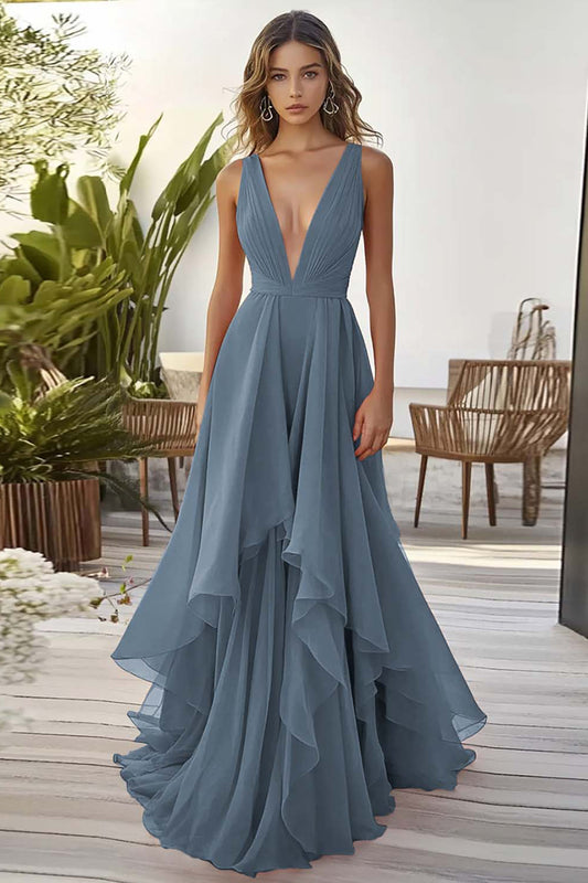 Dusty Blue Chiffon Long Wedding Guest Dress with Ruffles Deep V-Neck A Line Sleeveless Prom Dress