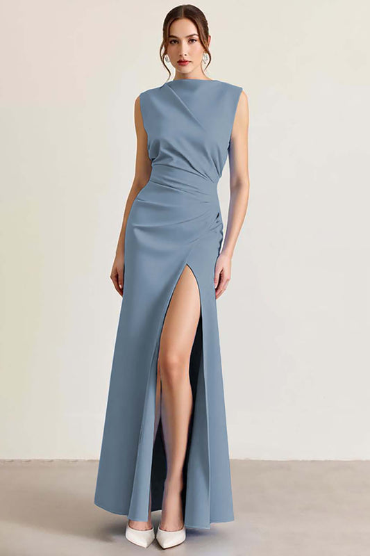 Dusty Sage Sheath Sleeveless Long Ruched Formal Dress with Slit