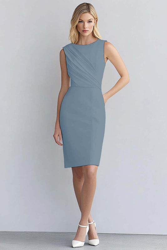 Dusty Blue Bodycon Ruched Scoop Neck Sleeveless Short Work Dress