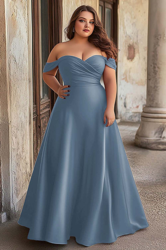 Dusty Blue Off the Shoulder Satin A Line Long Prom Dress