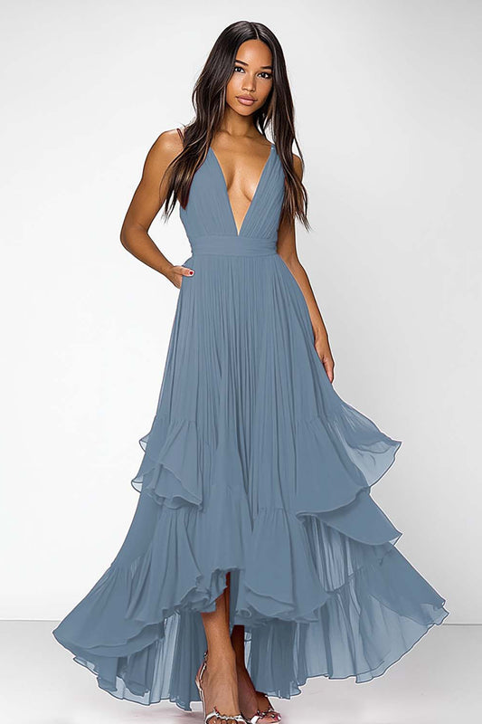 Dusty Blue A Line Deep V-Neck Long Formal Dress with Ruffles