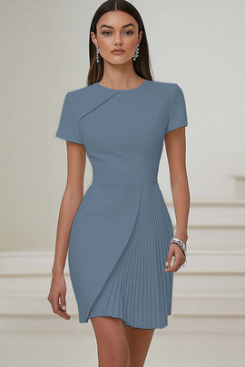 Dusty Blue Bodycon Round Neck Satin Work Dress with Short Sleeves