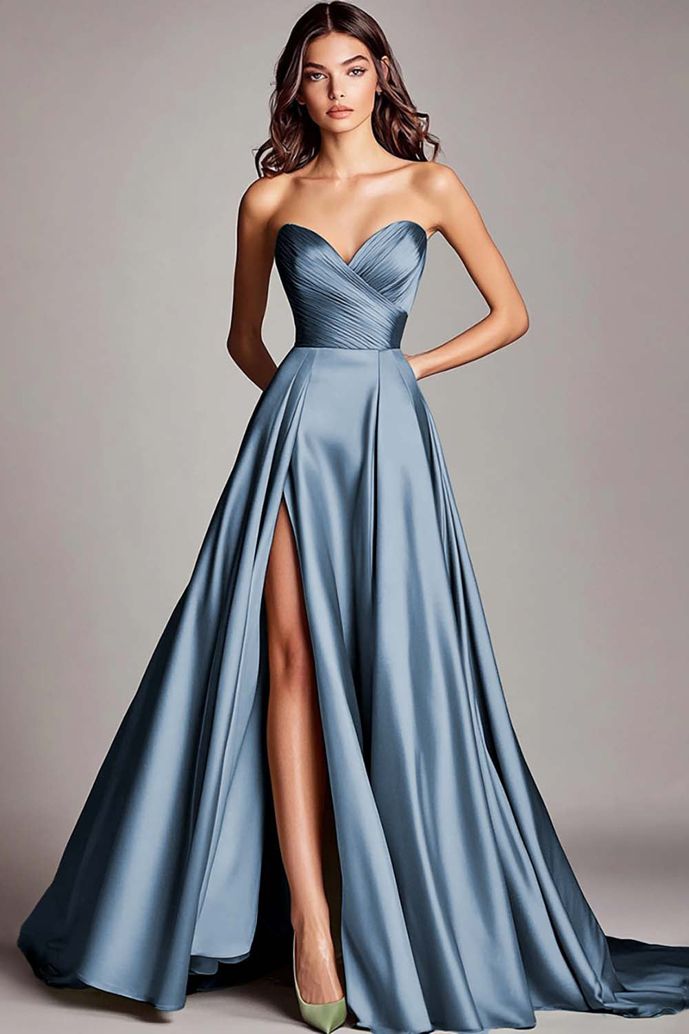 ZAPAKASA Women Dusty Blue Satin Long Ruched Sweetheart Prom Dress with Slit A Line Strapless Formal Dress ZAPAKASA Women Dusty Blue Satin Long Ruched Sweetheart Prom Dress with Slit A Line Strapless Formal Dress