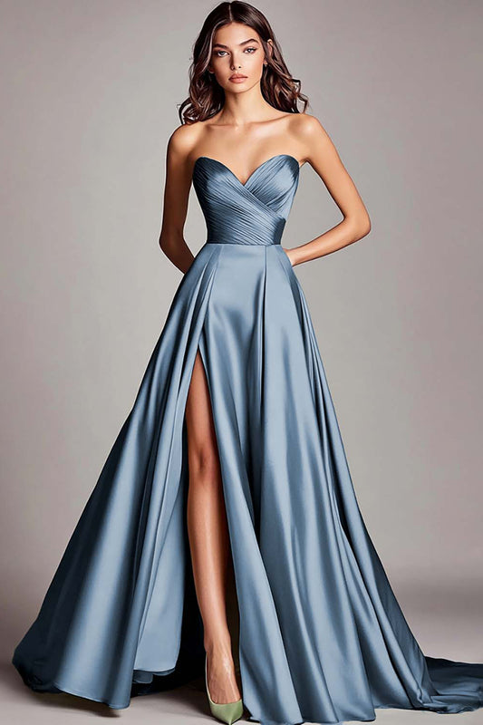 Dusty Blue Satin Long Ruched Sweetheart Prom Dress with Slit A Line Strapless Formal Dress