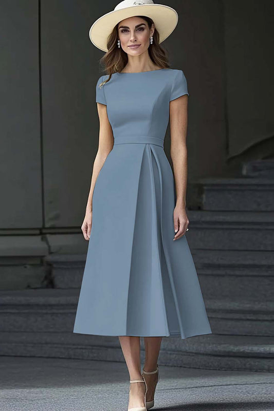Dusty Blue Satin A Line Bateau Neck Midi Work Dress with Sleeves