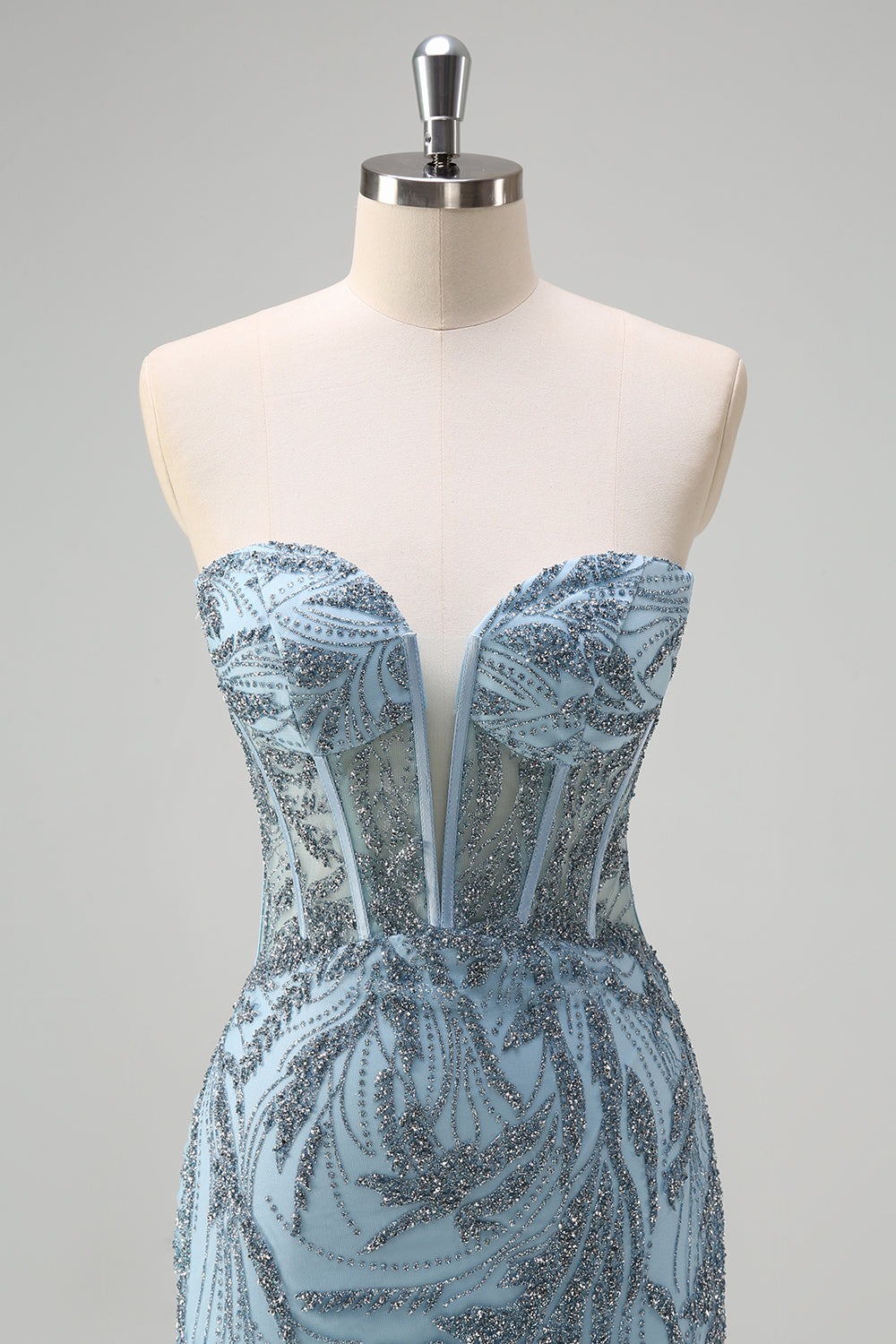 Sparkly Light Blue Mermaid Strapless Corset Long Beaded Prom Dress With Slit Sparkly Light Blue Mermaid Strapless Corset Long Beaded Prom Dress With Slit