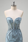 Sparkly Light Blue Mermaid Strapless Corset Long Beaded Prom Dress With Slit Sparkly Light Blue Mermaid Strapless Corset Long Beaded Prom Dress With Slit