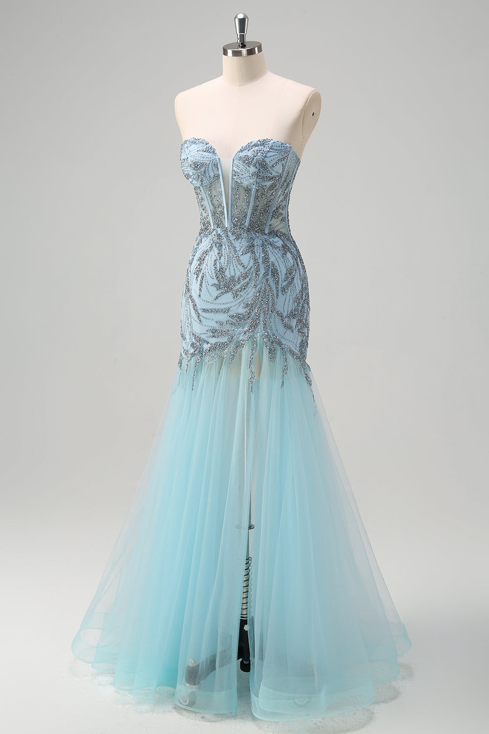 Sparkly Light Blue Mermaid Strapless Corset Long Beaded Prom Dress With Slit Sparkly Light Blue Mermaid Strapless Corset Long Beaded Prom Dress With Slit