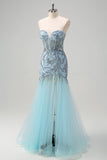 Sparkly Light Blue Mermaid Strapless Corset Long Beaded Prom Dress With Slit Sparkly Light Blue Mermaid Strapless Corset Long Beaded Prom Dress With Slit