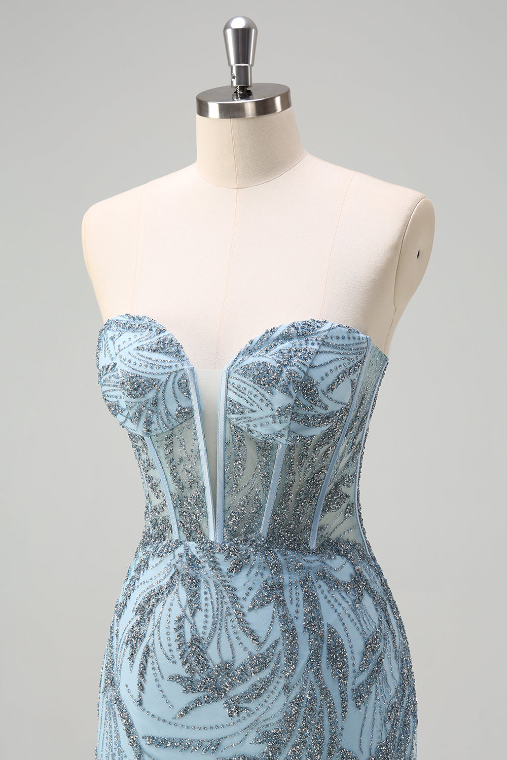 Sparkly Light Blue Mermaid Strapless Corset Long Beaded Prom Dress With Slit Sparkly Light Blue Mermaid Strapless Corset Long Beaded Prom Dress With Slit