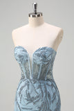 Sparkly Light Blue Mermaid Strapless Corset Long Beaded Prom Dress With Slit Sparkly Light Blue Mermaid Strapless Corset Long Beaded Prom Dress With Slit