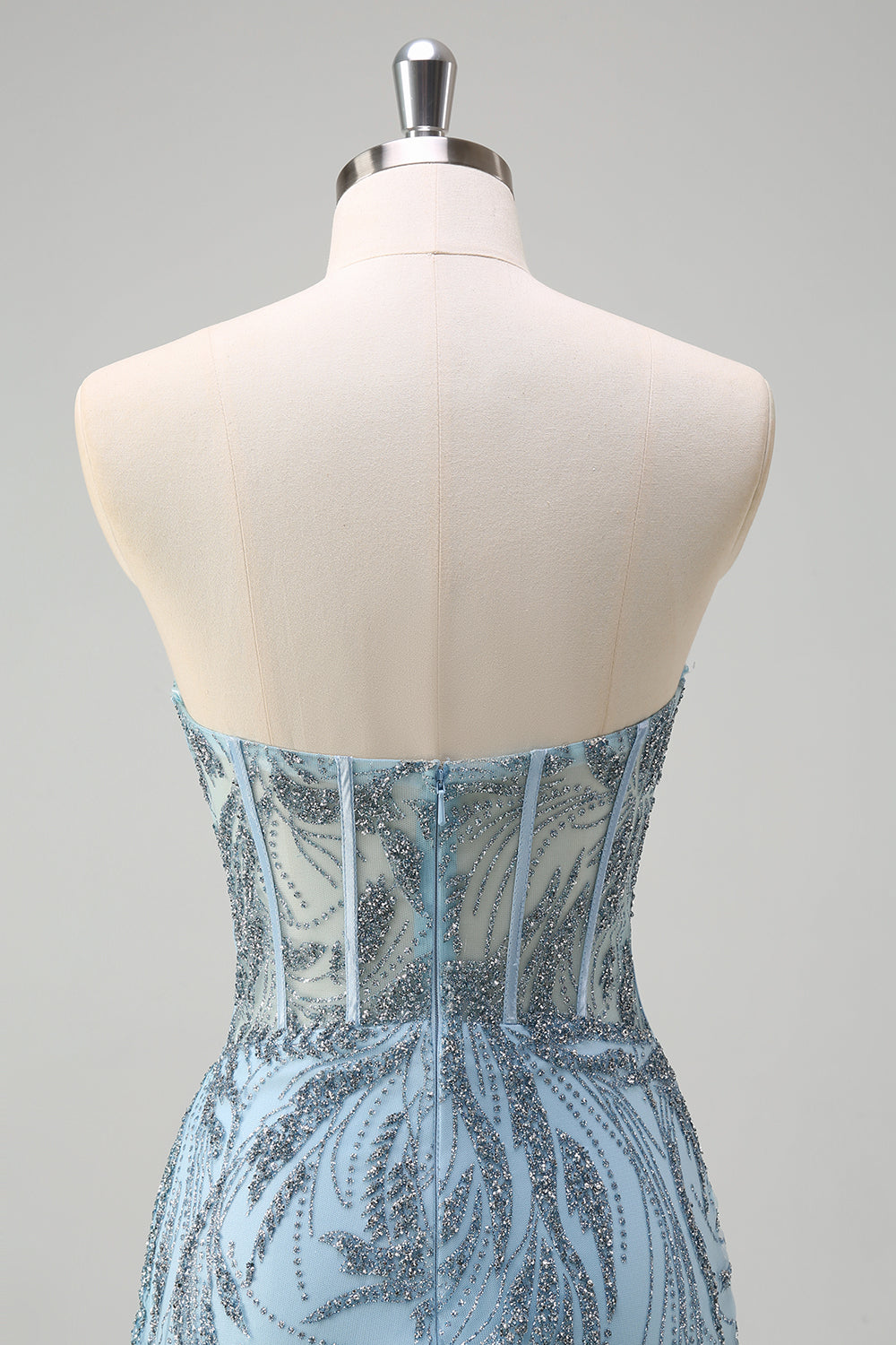 Sparkly Light Blue Mermaid Strapless Corset Long Beaded Prom Dress With Slit Sparkly Light Blue Mermaid Strapless Corset Long Beaded Prom Dress With Slit