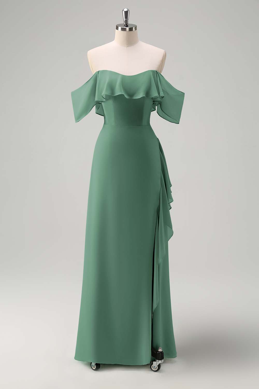 eucalyptus chiffon bridesmaid dress Zapaka Women Eucalyptus Long Bridesmaid Dress with Sleeves A Line Off the Shoulder Wedding Guest Dress, Eucalyptus / US8