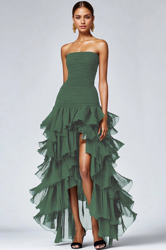 Zapaka Women Eucalyptus Formal Wedding Guest Dreass With Slit Strapless Tulle Tiered Ruffles Prom Dress