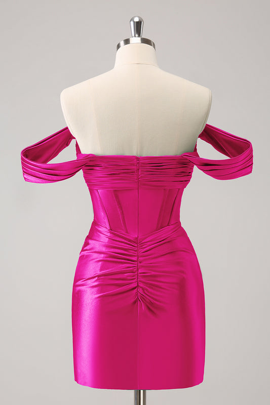 Fuchsia Tight Off the Shoulder Corset Satin Homecoming Dress