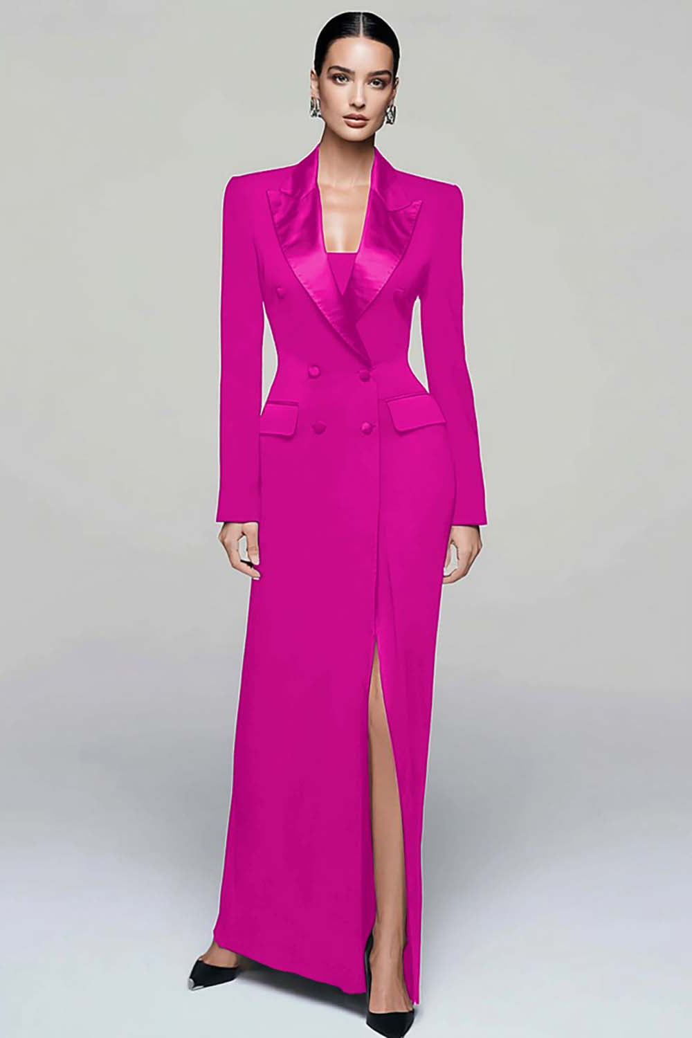 Black Pencil Peak Lapel Double Breasted Long Blazer Dress with Sleeves Black Pencil Peak Lapel Double Breasted Long Blazer Dress with Sleeves