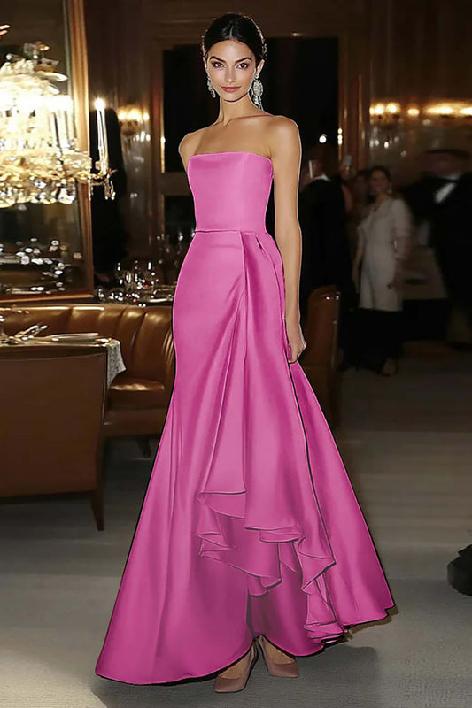 Fuchsia Sheath Satin Square Neck Long Gala Dress