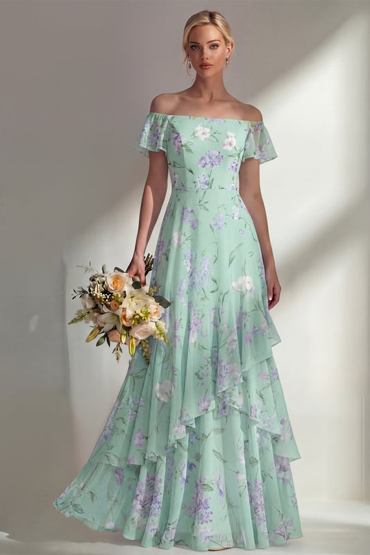Green Floral A Line Off the Shoulder Long Boho Bridesmaid Dress with Ruffles