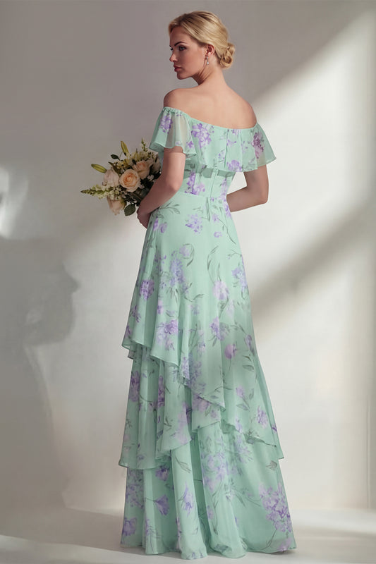 Green Floral A Line Off the Shoulder Long Boho Bridesmaid Dress with Ruffles