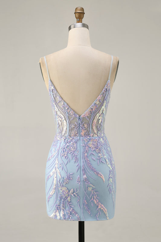 Sparkly Blue Corset Spaghetti Straps Lace Short Homecoming Dress