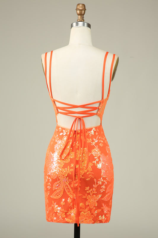 Gorgeous Orange Lace Up Tight Glittler Homecoming Dress