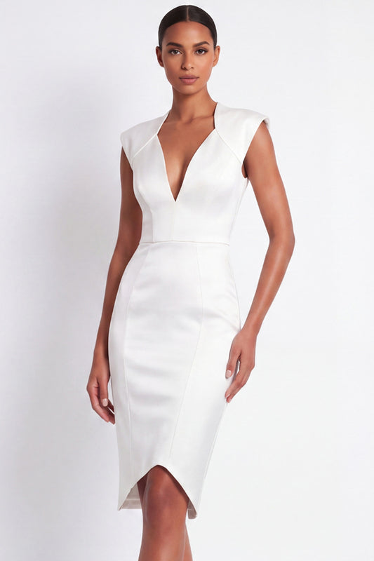 White V-Neck Pencil Midi Cap Sleeves Work Dress
