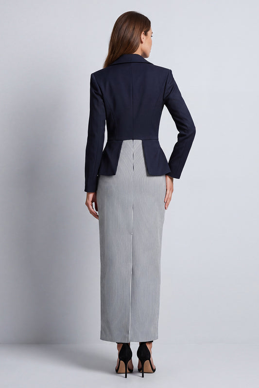 Peak Lapel Navy Sheath Double Breasted Striped Long Work Dress