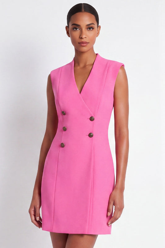 Pink V-Neck Double Breasted Short Work Dress