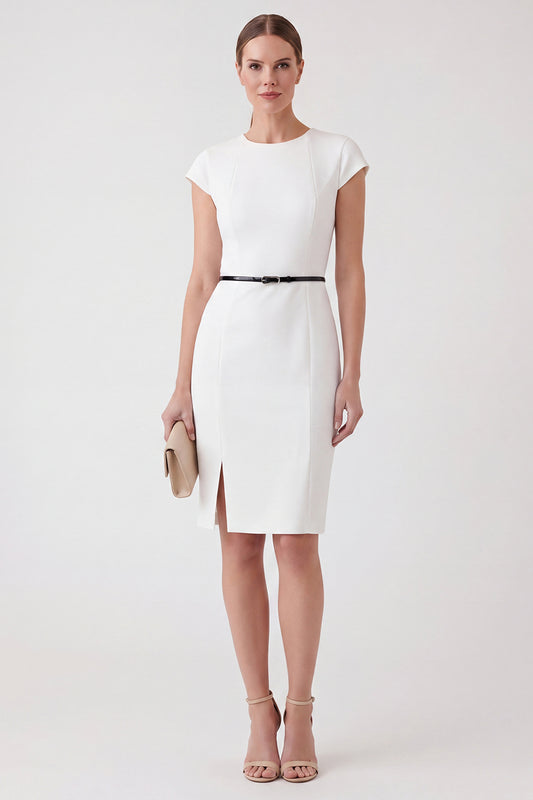 White Round Neck Pencil Short Cap Sleeves Work Dress with Belt