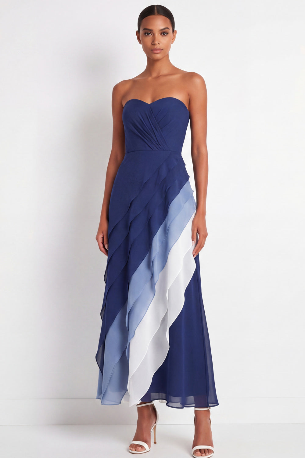 Zapakasa Women Blue Maxi Color Block Wedding Guest Dress with Ruffles  Ruched Strapless A Line Formal Dress