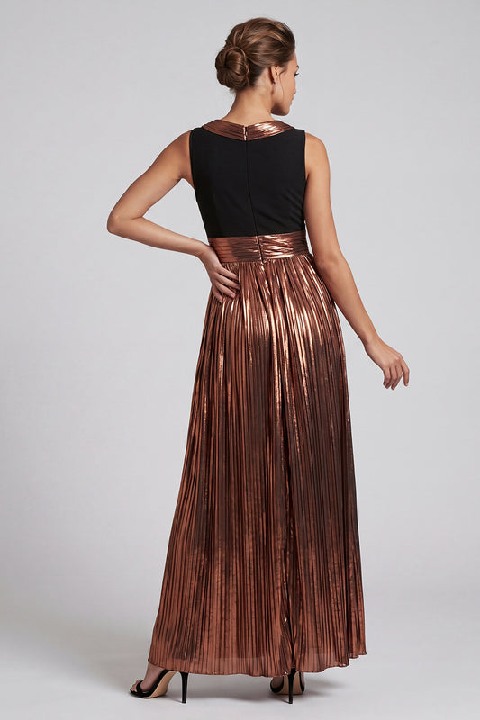 Sparkly Coffee Long A Line Boat Neck Metallic Mother of the Bride Dress