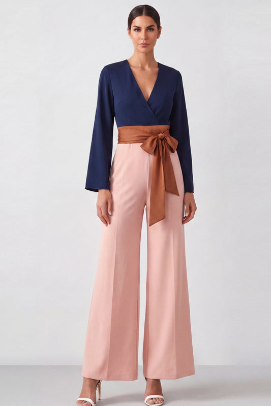 V-Neck Brown Color Block Formal Jumpsuits with Belt