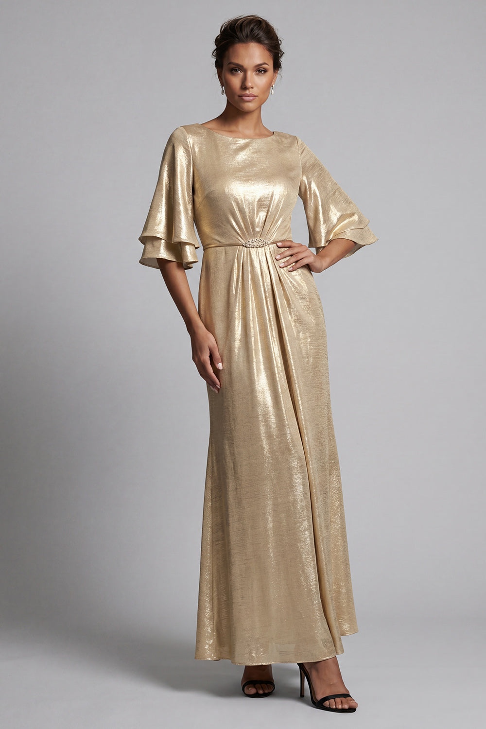 Zapakasa Women Sparkly Champagne Metallic Long Mother of the Bride Dress Boat Neck Sheath Ruched Flutter Sleeves Wedding Guest Dress Zapakasa Women Sparkly Champagne Metallic Long Mother of the Bride Dress Boat Neck Sheath Ruched Flutter Sleeves Wedding Guest Dress