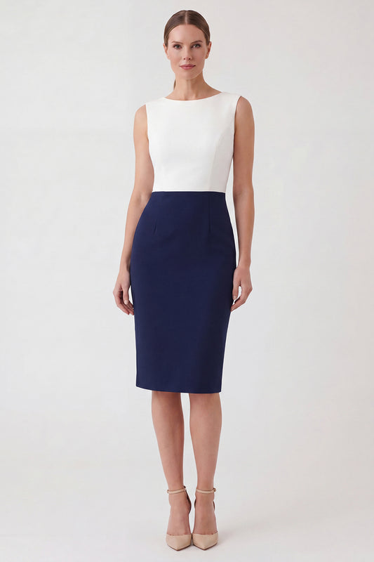 White and Navy Patchwork Color Block Boat Neck Pencil Short Work Dress