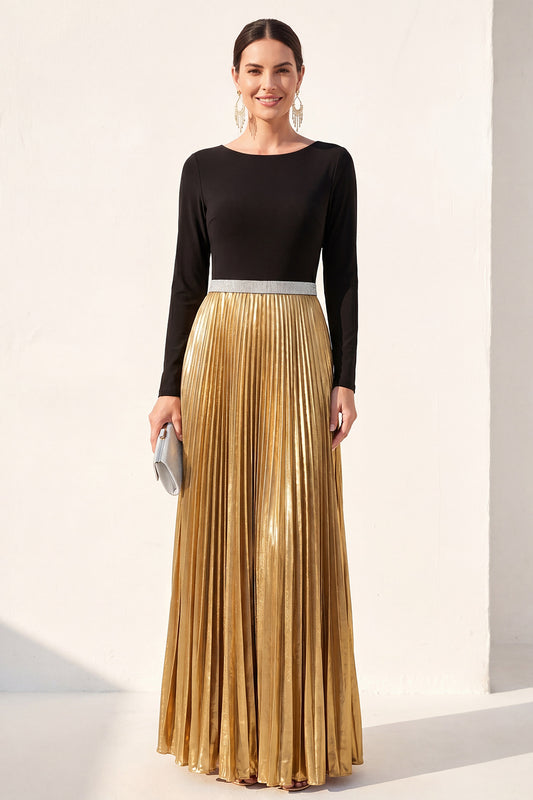 Black Golden A Line Boat Neck Long Metallic Formal Dress with Pleats