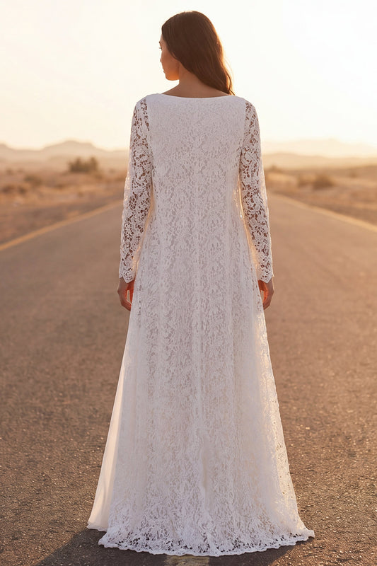 White Maxi Lace V-Neck A Line Boho Wedding Dress with Cape