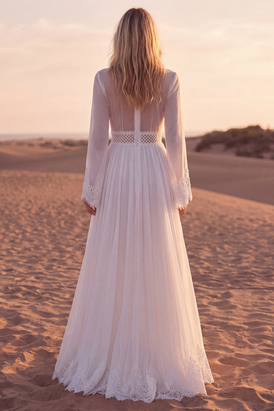 A Line White V-Neck Long Sleeves Beach Western Wedding Dress with Lace