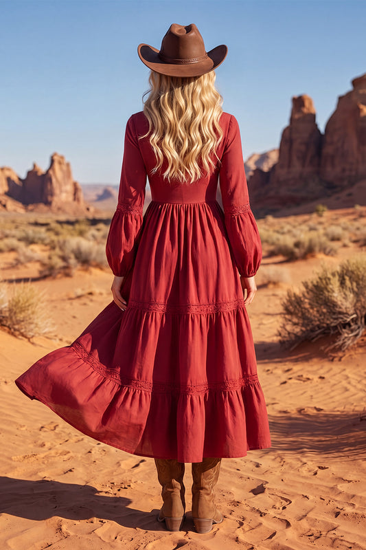 Red V-Neck Maxi A Line Long Sleeves Boho Dress