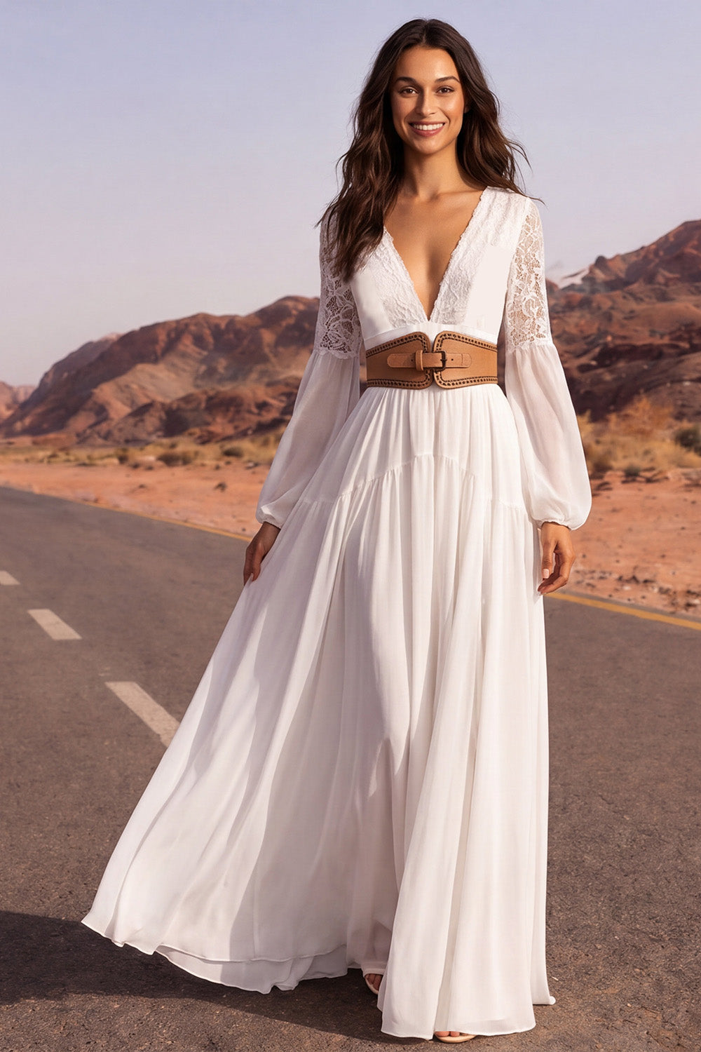 ZAPAKASA Women White Long Boho Wedding Dress with Belt A Line V-Neck Long Sleeves Wedding Reception Dress with Lace ZAPAKASA Women White Long Boho Wedding Dress with Belt A Line V-Neck Long Sleeves Wedding Reception Dress with Lace